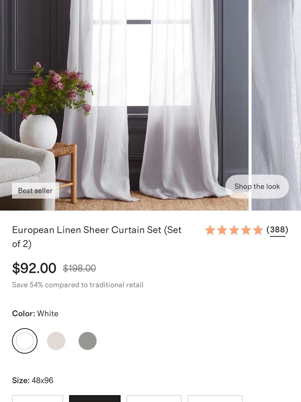 Quince White European Linen Semi-Sheer Curtain Panels 2 sets (4 panels)